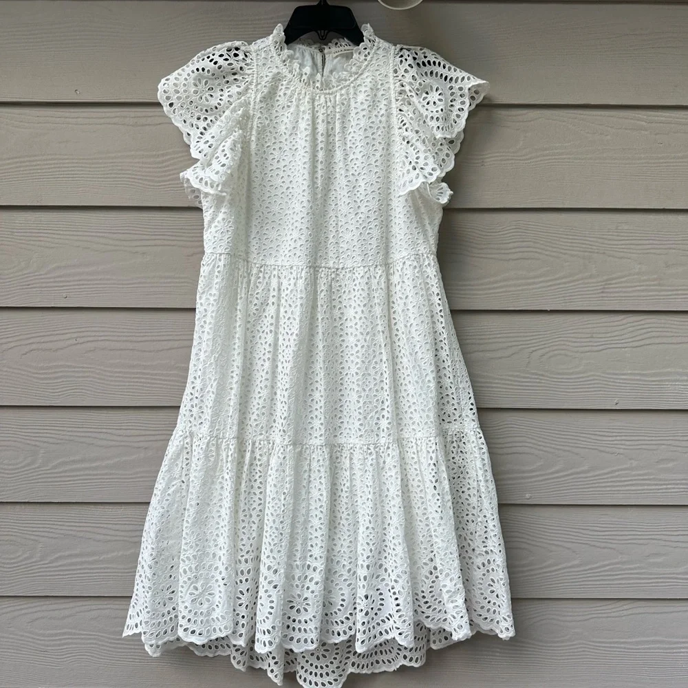 Ulla Johnson Norah Eyelet Mini Dress in White Short Sleeve Ruffle - Picture 3 of 11